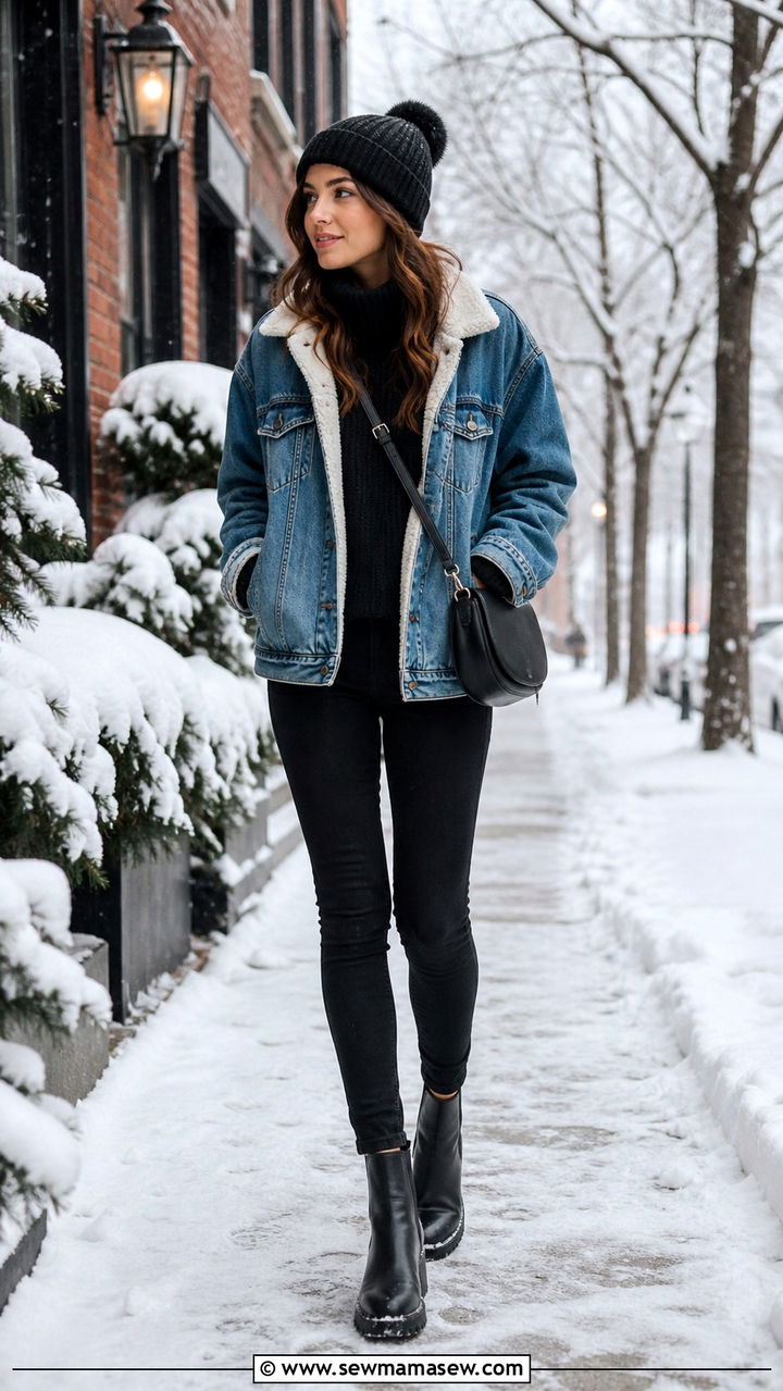Sherpa Lined Denim Jacket Winter Outfit - 40 denim jacket outfit ideas