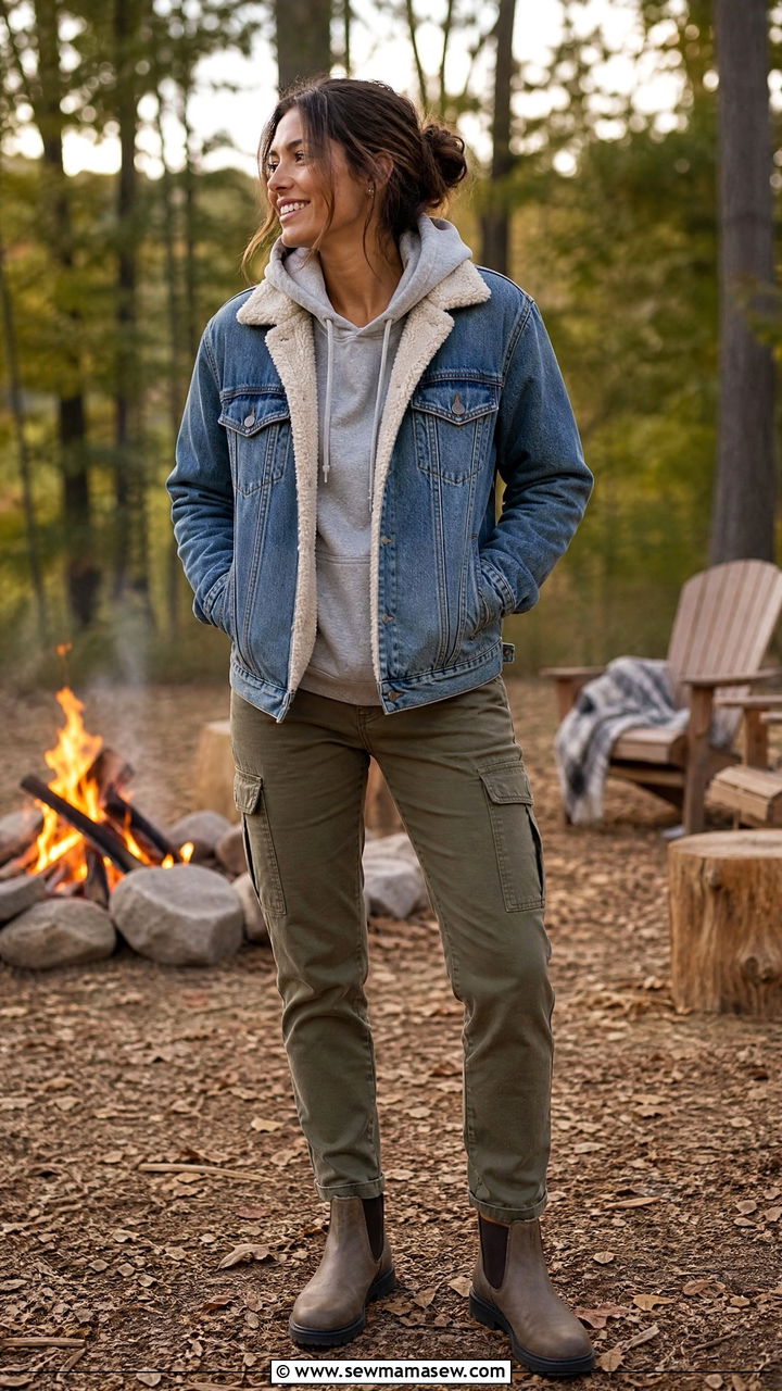 Sherpa Lined Denim Jacket With Hoodie And Cargo Pants - 35 Hygge outfit ideas