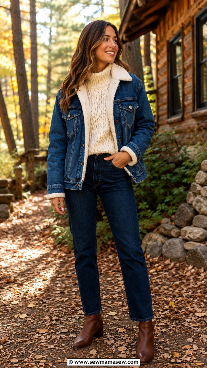 Sherpa Lined Denim Jacket With Jeans And Ankle Boots - 30 Denim jacket and jeans outfit ideas