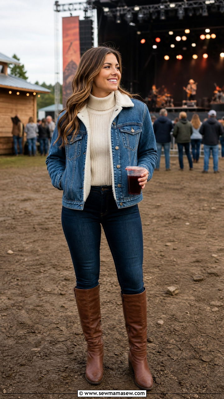 Sherpa Lined Denim Jacket with Knee High Boots - 30 modest country concert outfit ideas