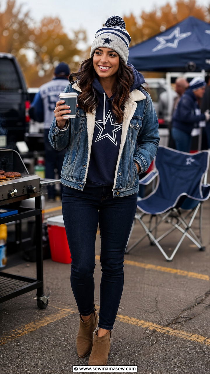 Sherpa Lined Denim Jacket with Team Hoodie and Dark Jeans - 35 Football game outfit ideas for women