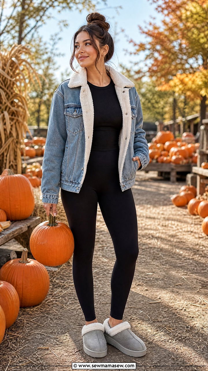Sherpa Lined Jacket and Leggings with Fuzzy Slippers - 30 Fuzzy slippers outfit ideas