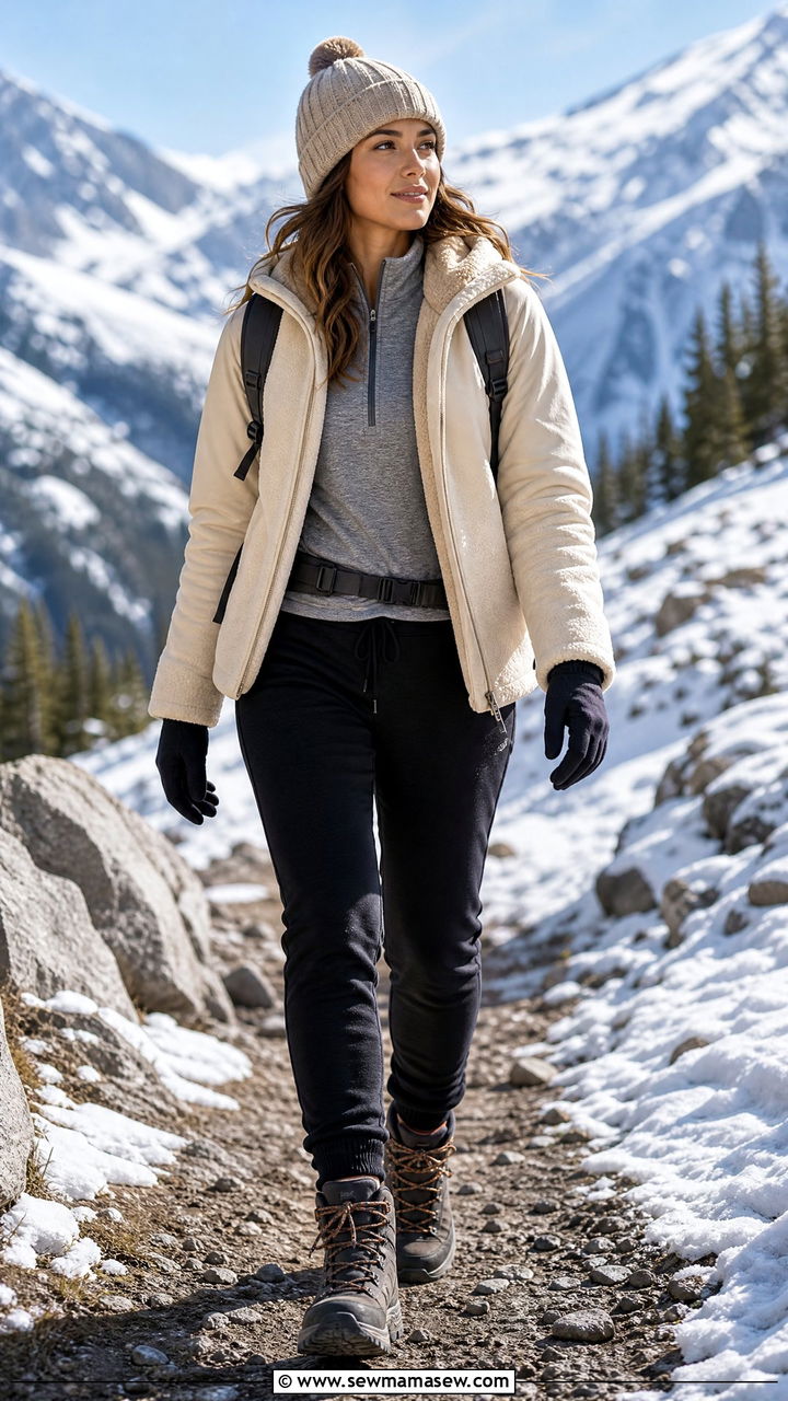 Sherpa Lined Jacket and Thermal Joggers - 30 hiking outfit ideas for women