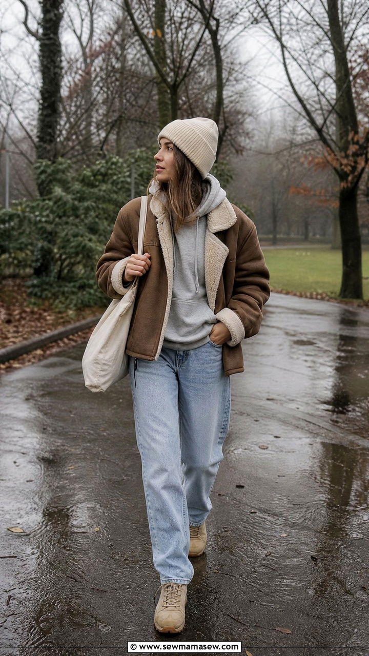 Sherpa Lined Jacket with Relaxed Denim and a Beanie - 25 rainy day outfits inspo