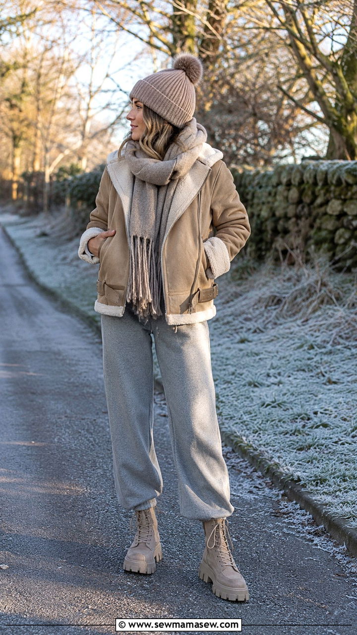 Sherpa Lined Jacket with Sweatpants and a Beanie - 20 Loungewear outfit ideas school run