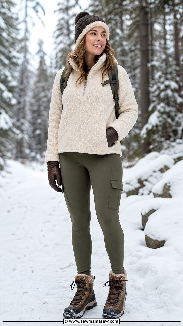 Sherpa Pullover and Cargo Leggings Outfit - 25 Hiking outfit ideas cute