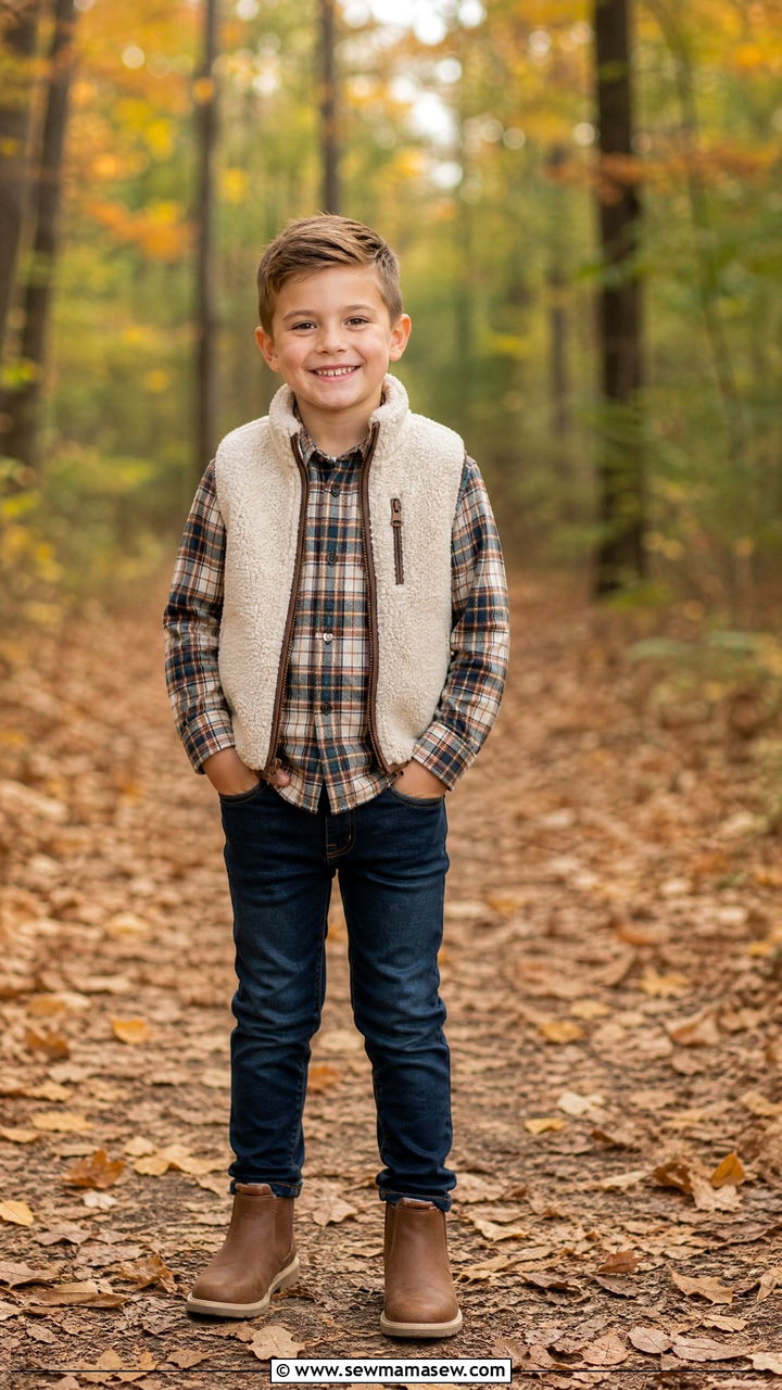 Sherpa Vest Over Plaid Flannel with Jeans Outfit - 30 Kids family photo outfits