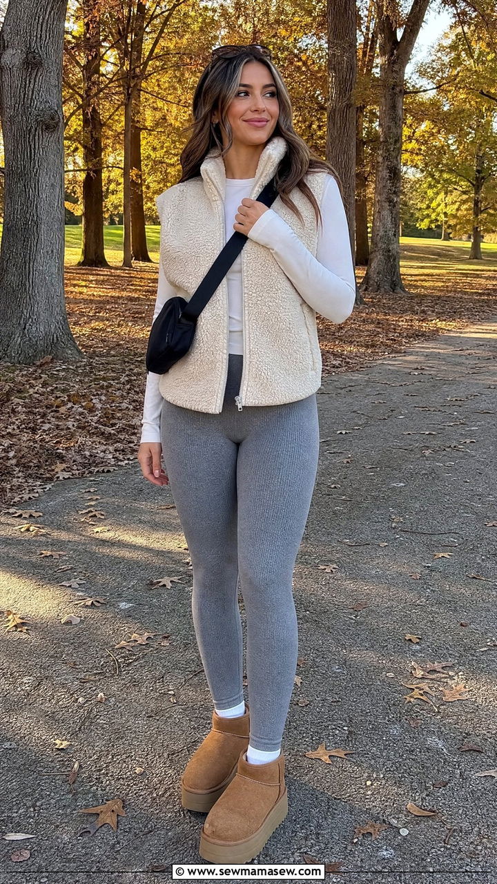 Sherpa Vest With Ribbed Leggings And Platform Uggs - 25 Uggs and leggings outfit ideas