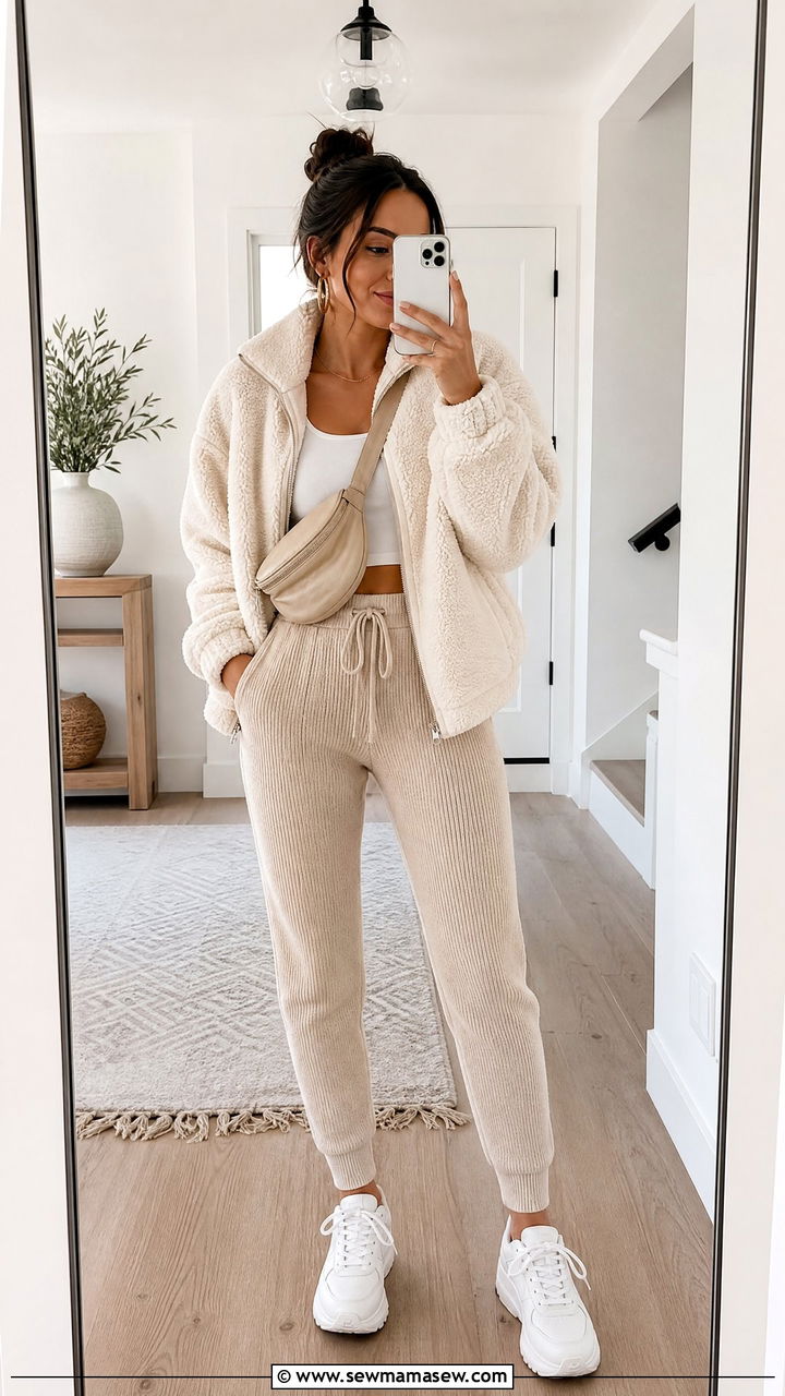 Sherpa Zip Up With Joggers And Chunky Sneakers - 25 jacket outfits aesthetic