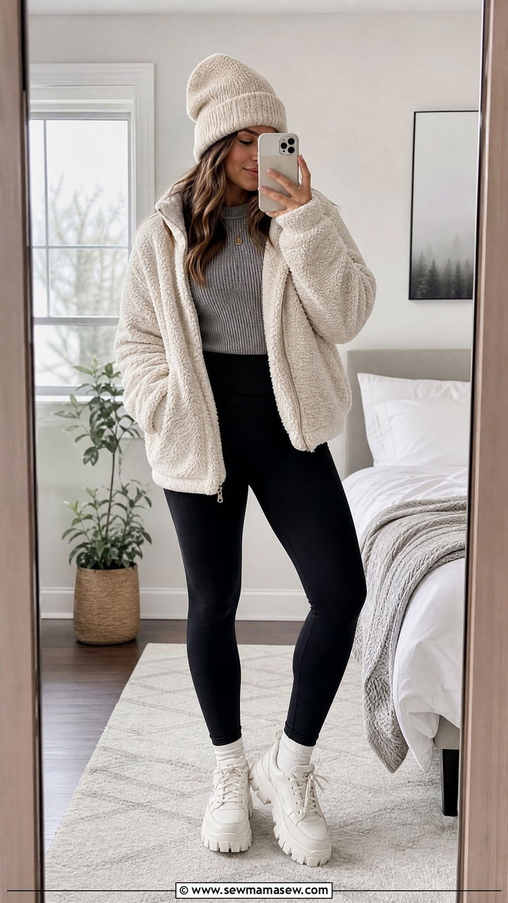 Sherpa jacket with a ribbed knit and leggings - 25 Foggy day outfit ideas