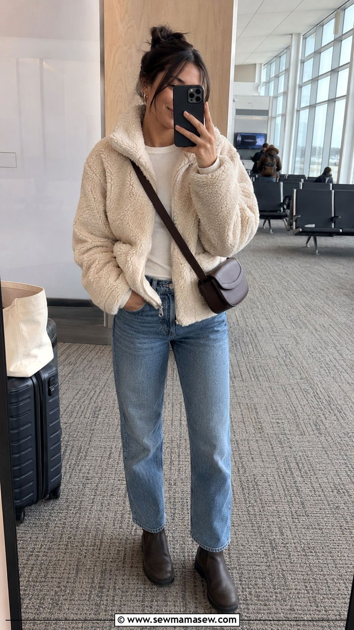 Sherpa jacket with straight leg jeans for winter airport - 25 seasonal airport outfit ideas