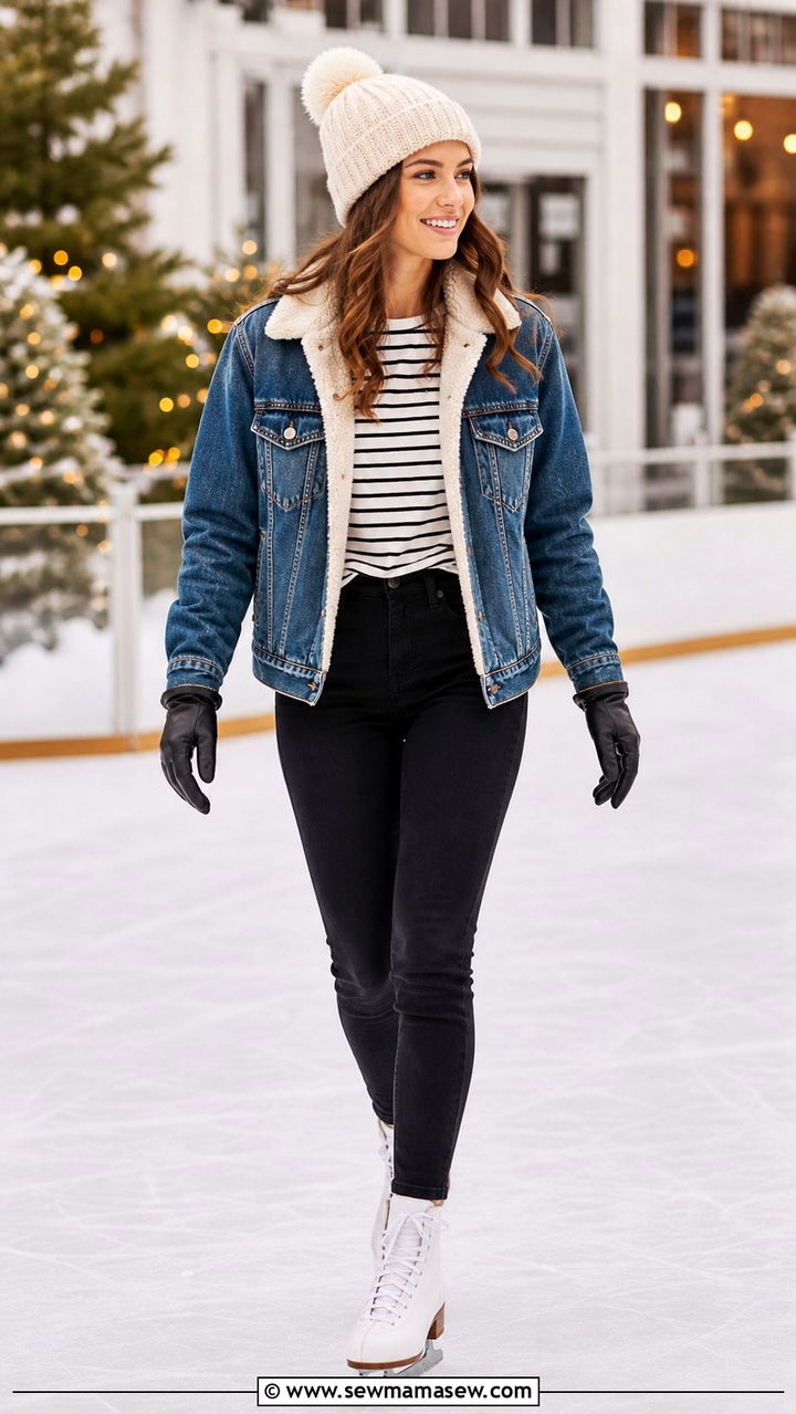 Sherpa lined denim jacket black jeans and striped shirt skating look - 40 Ice skating outfit ideas