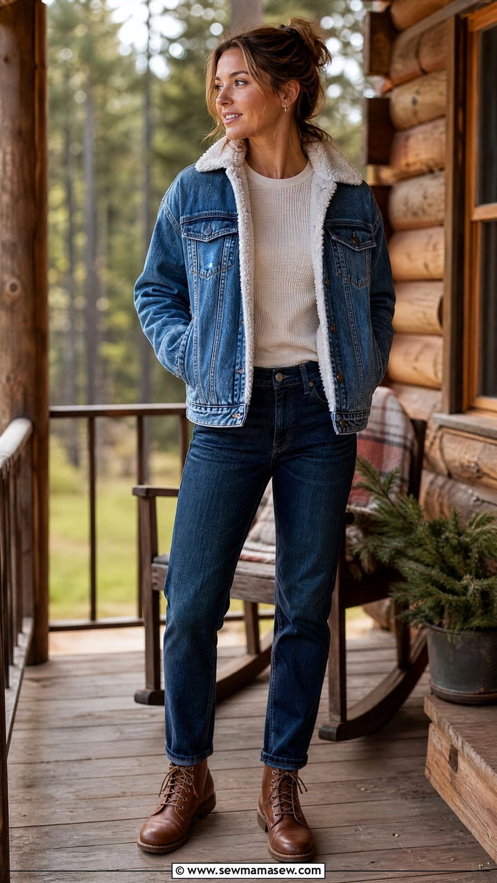 Sherpa lined denim jacket with a thermal top and brown boots - 30 First cold day outfits