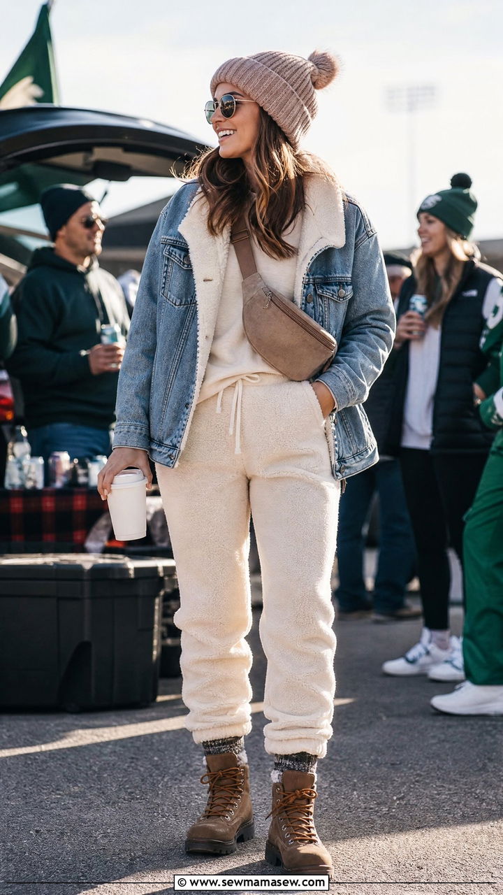 Sherpa lined denim jacket with joggers - 25 Football game outfit ideas cold