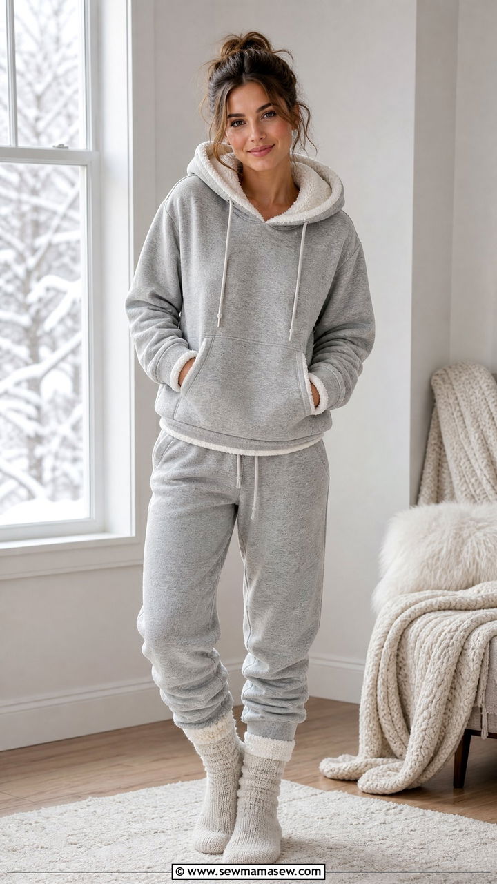 Sherpa lined hoodie with matching sweatpants - 35 Hygge loungewear outfit ideas
