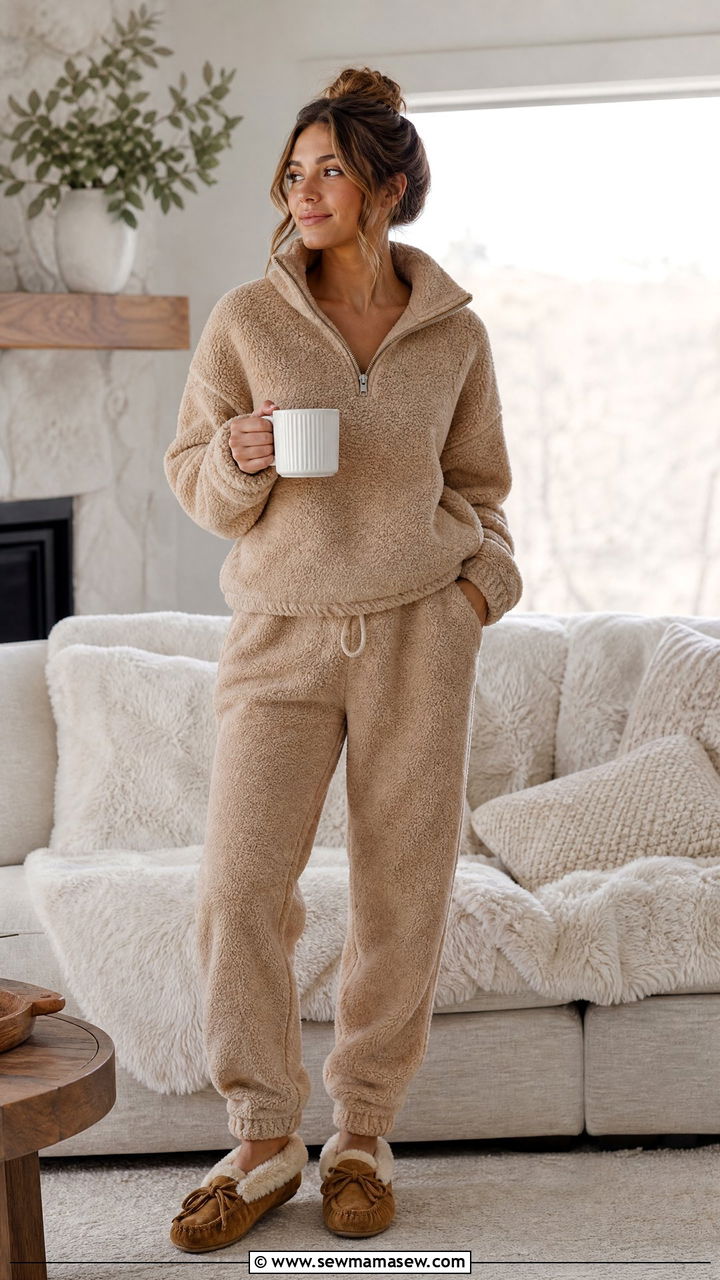 Sherpa quarter zip and matching sweatpants - 30 Cozy at home outfit ideas