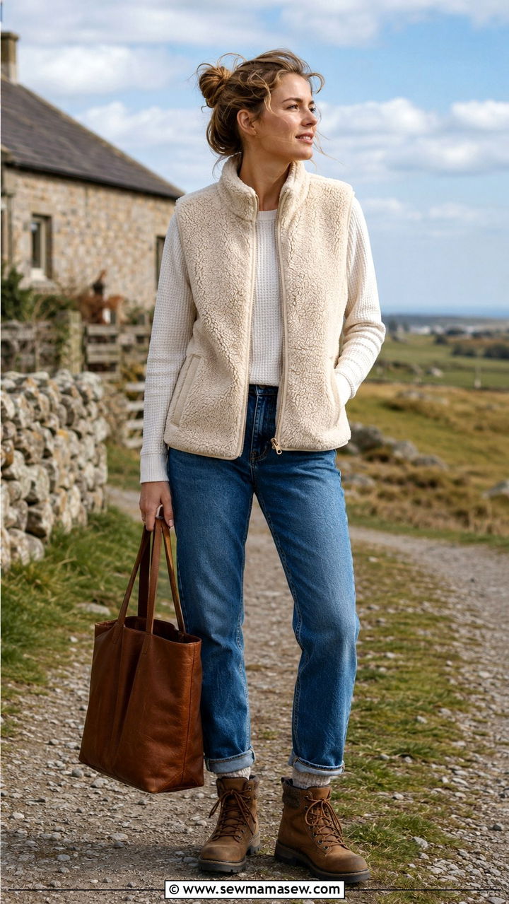 Sherpa vest and long sleeve tee outfit - 30 Danish cozy outfit ideas