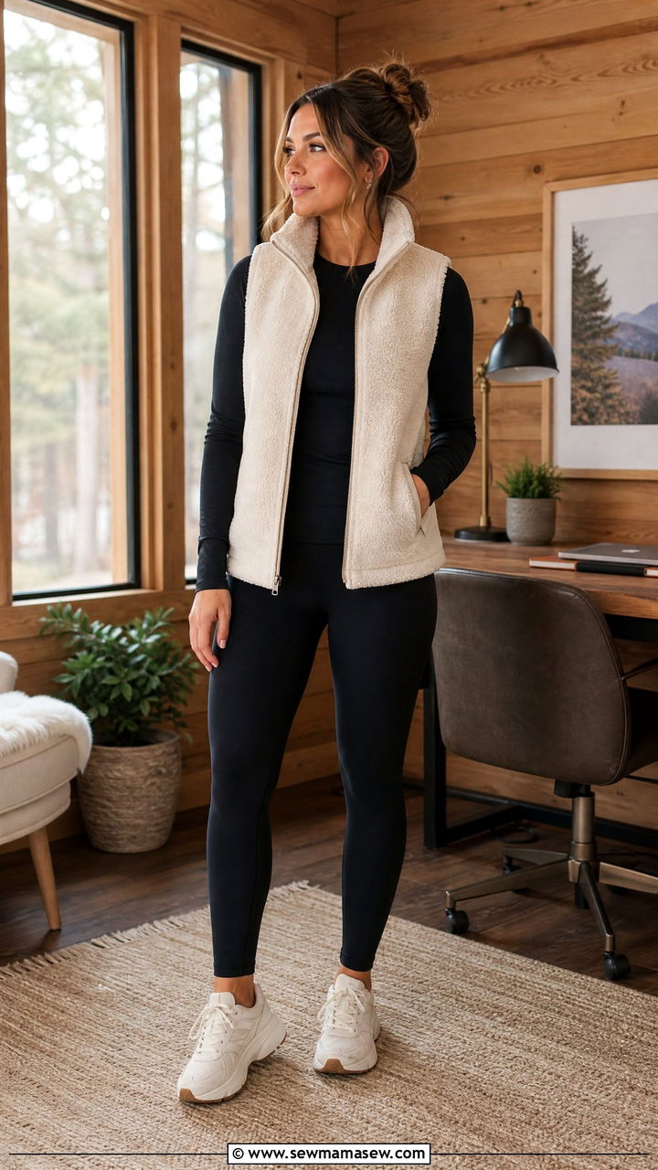 Sherpa vest layered over long sleeve tee with leggings - 35 Loungewear outfit ideas for work from home