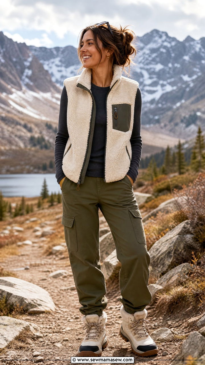 Sherpa vest with long sleeve tee and cargo pants - 30 Cozy chalet outfit ideas