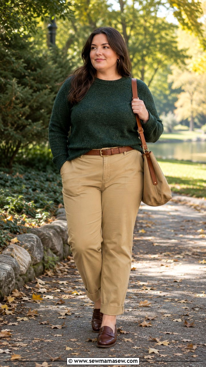 Shetland Sweater And Khaki Pants Outfit For Curvy Women - 25 Preppy outfits for curvy women