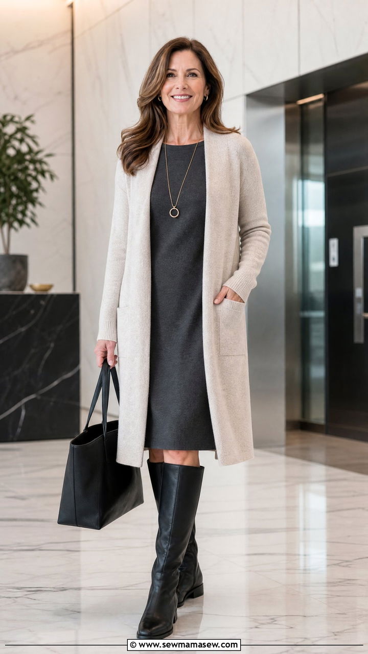 Shift Dress With A Longline Cardigan - 35 Middle aged woman outfit ideas