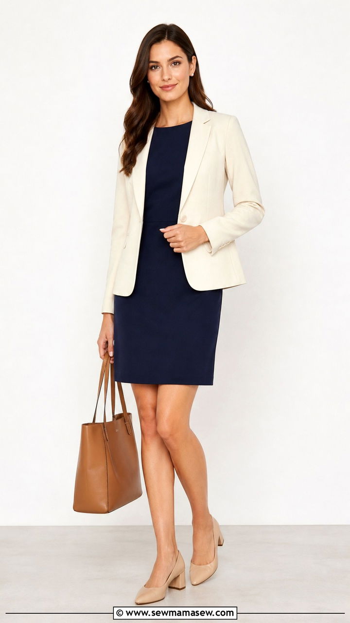 Shift Dress With Structured Blazer and Low Heels - 40 business casual outfits