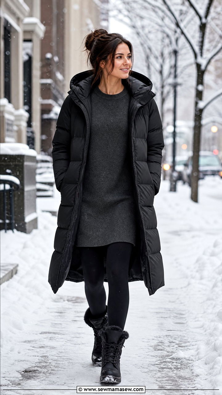 Shift Dress With Thermal Tights And A Puffer Coat - 25 Shift dress outfit ideas with tights