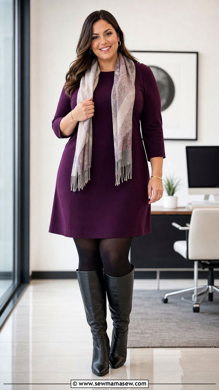 Shift Dress With Tights and Knee High Boots Outfit - 35 Business casual outfits for curvy women