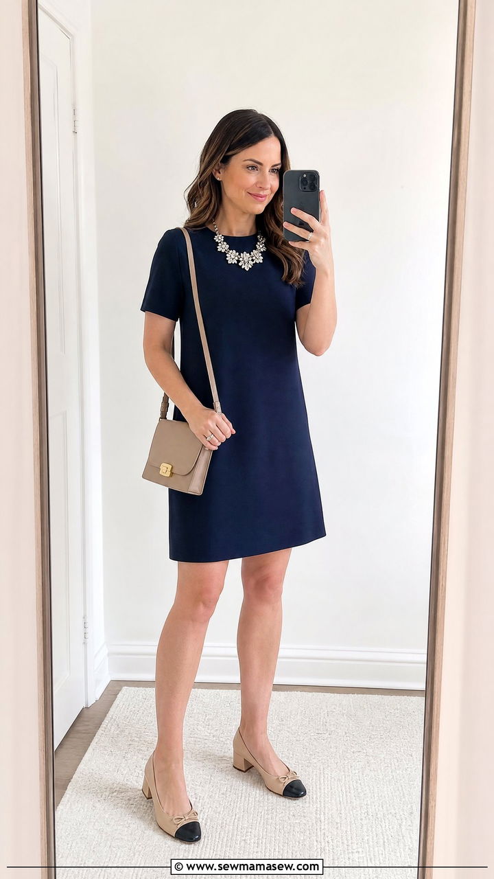 Shift Dress With a Statement Necklace - 20 outfit ideas for women with tummy