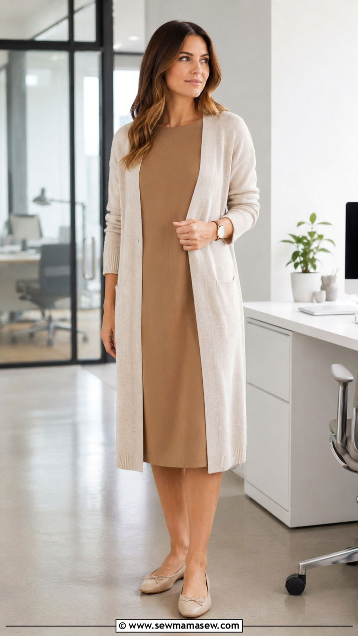 Shift Dress with Longline Cardigan - 30 Modest outfit ideas for working mom