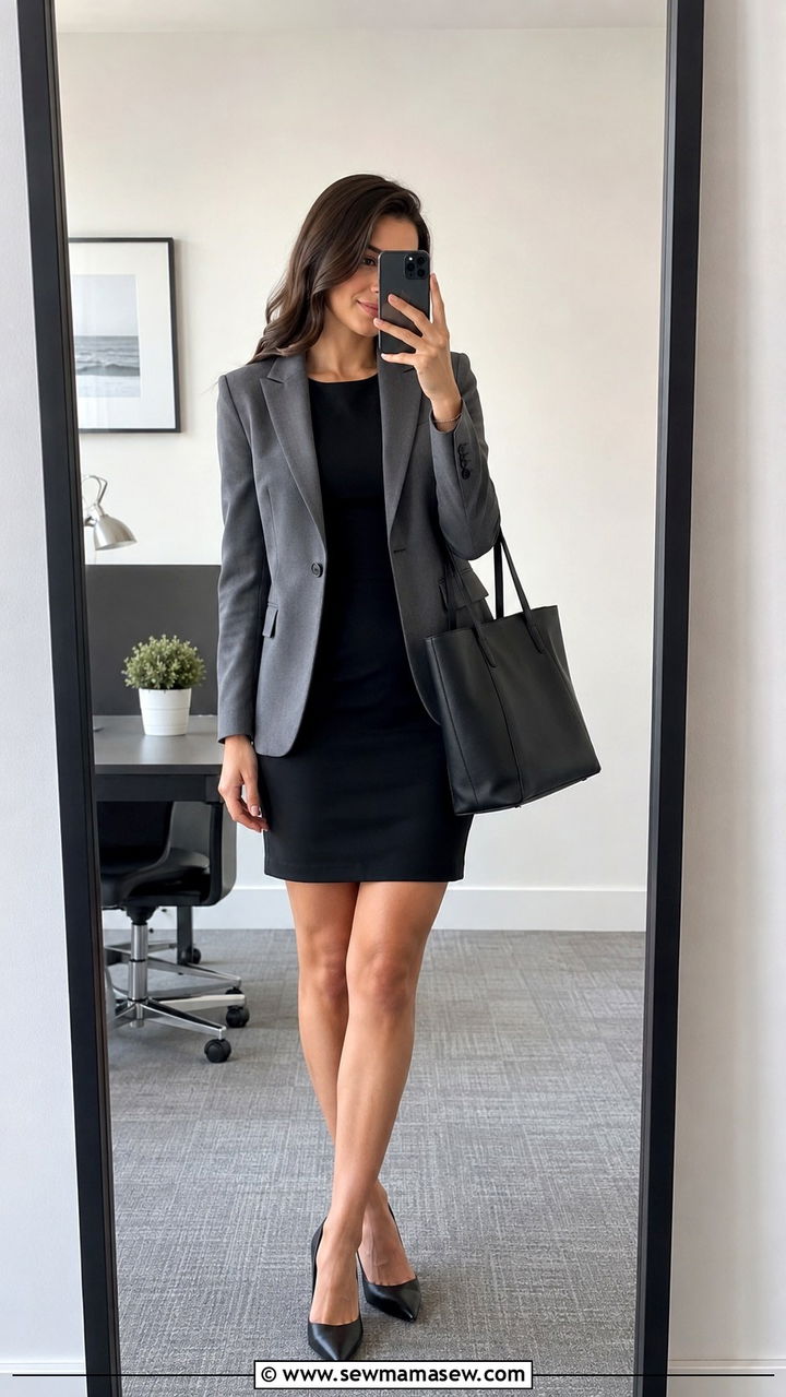 Shift Dress with Structured Blazer and Pumps - 25 work outfits inspo