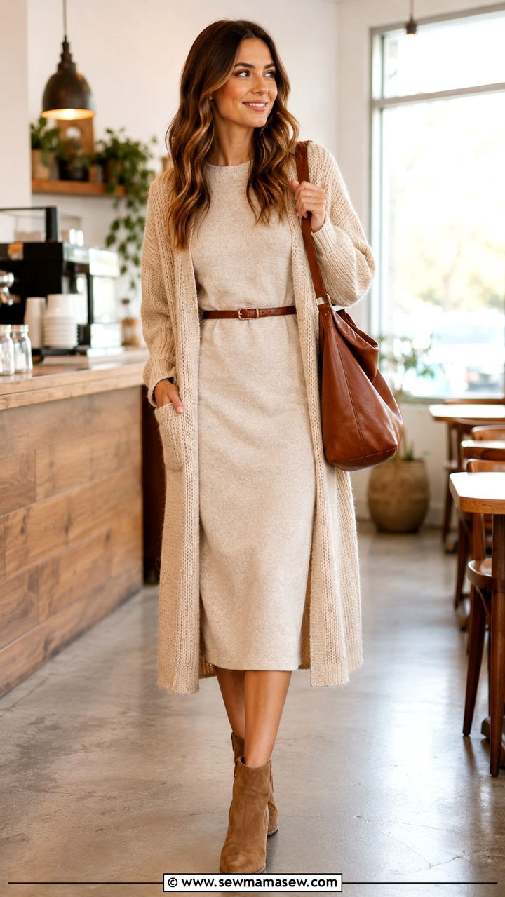 Shift dress with belt and cardigan fall outfit - 25 Shift dress outfit ideas with a belt