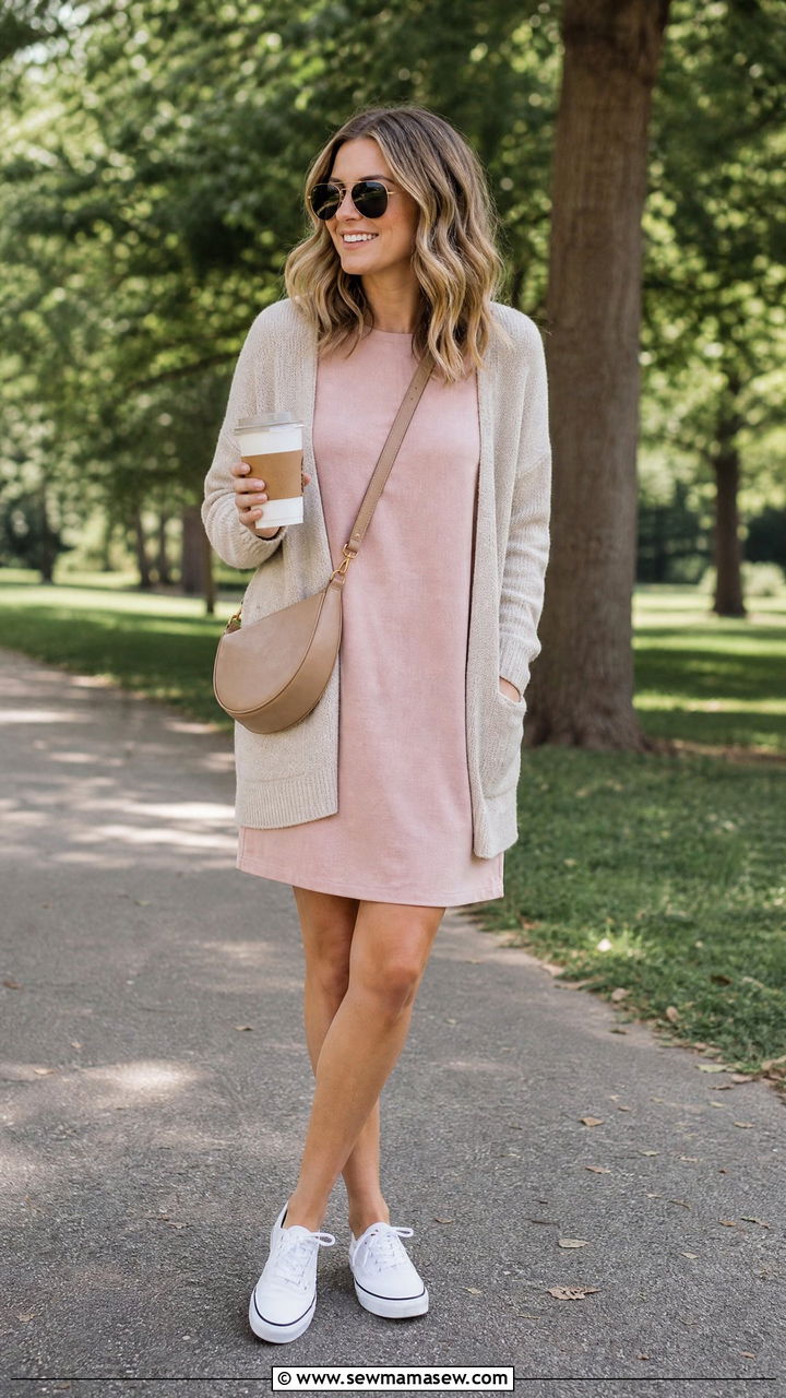 Shift dress with cardigan and canvas sneakers outfit - 25 Shift dress outfit ideas with sneakers