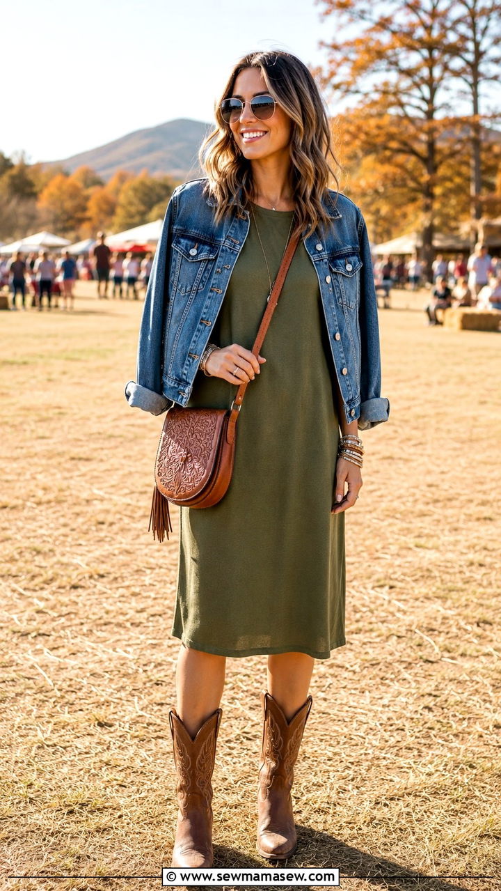 Shift dress with denim jacket and cowboy boots - 25 Shift dress outfit ideas with a denim jacket