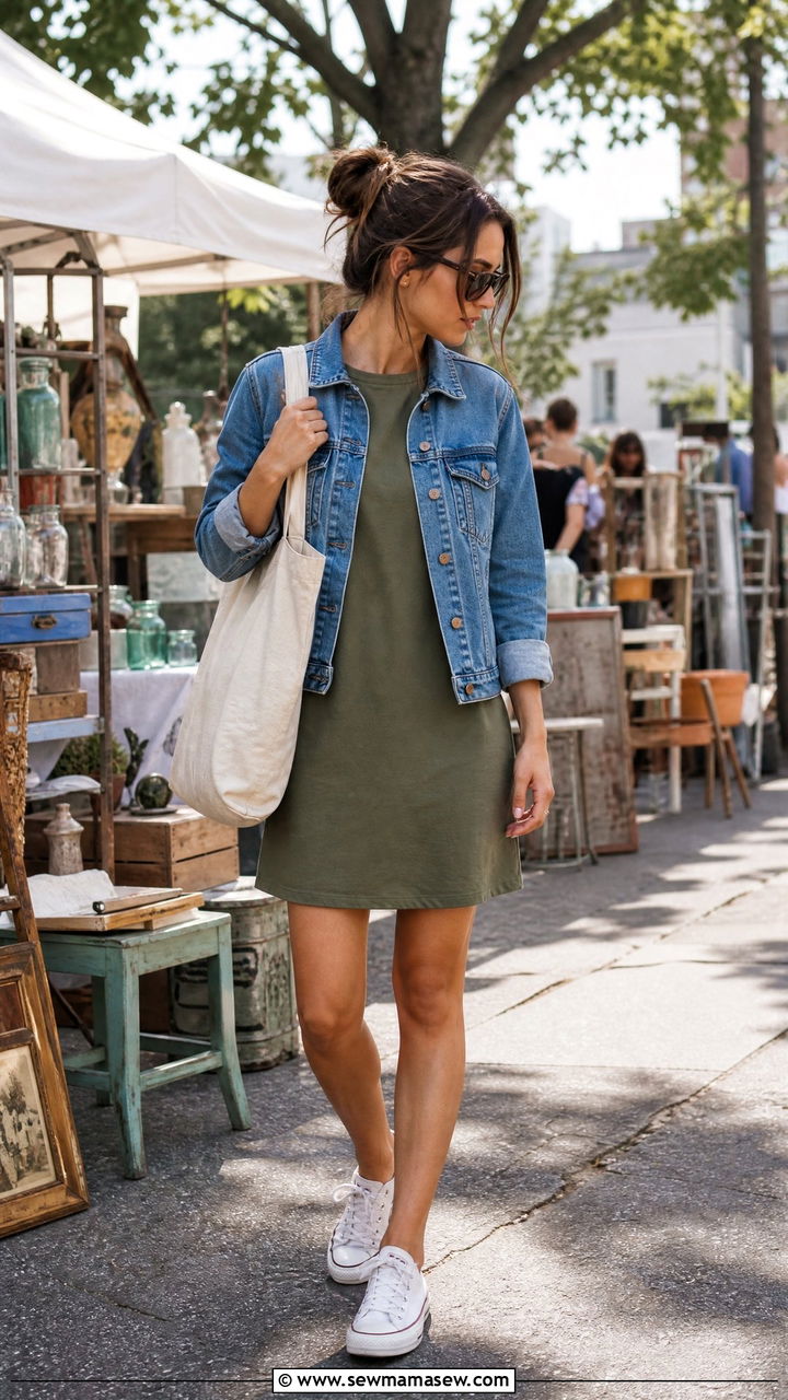 Shift dress with denim jacket and sneakers outfit - 25 Shift dress outfit ideas with sneakers
