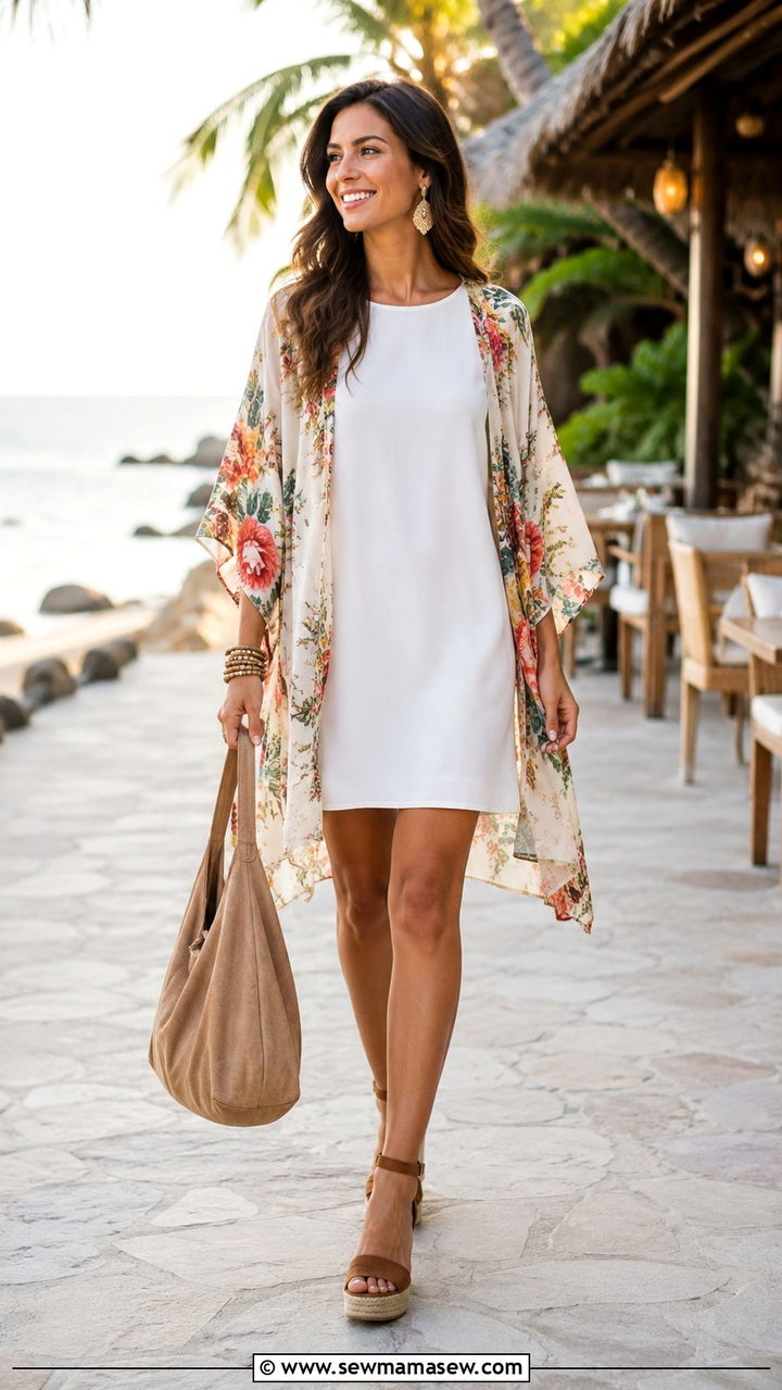 Shift dress with kimono cardigan and wedge sandals - 25 Shift dress outfit ideas with a cardigan