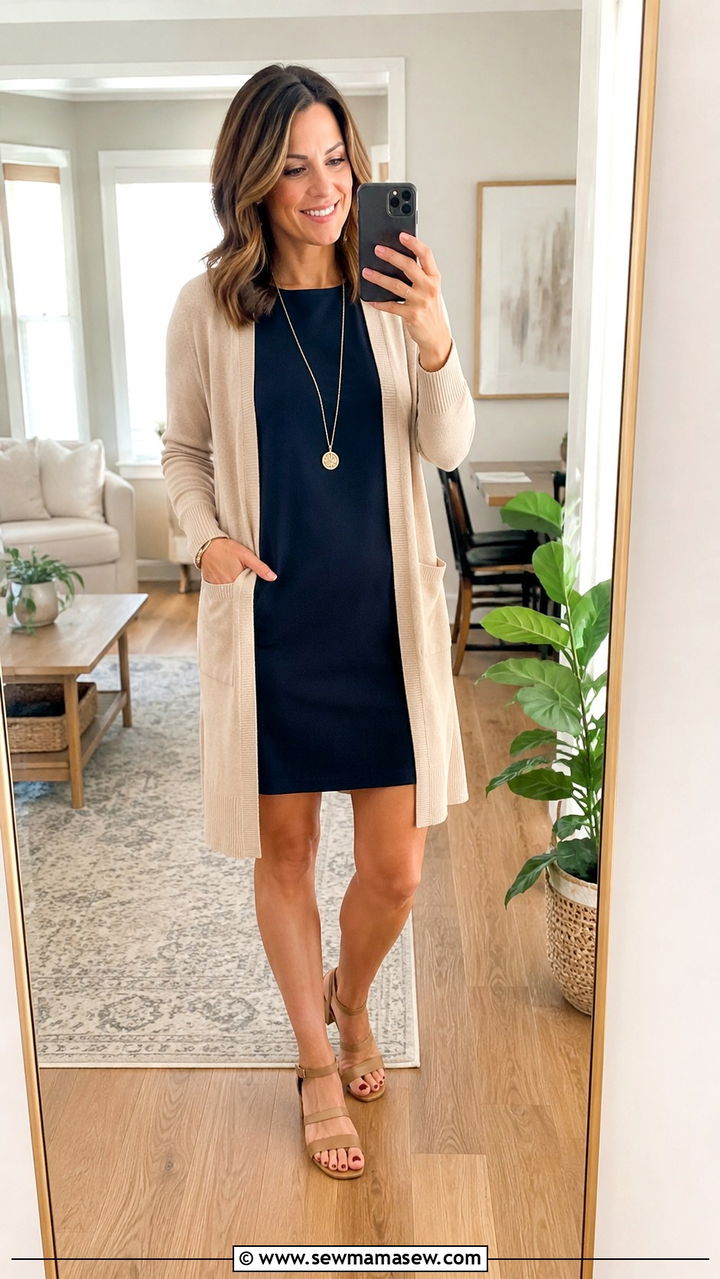Shift dress with longline cardigan outfit - 30 Spring outfits to hide belly fat