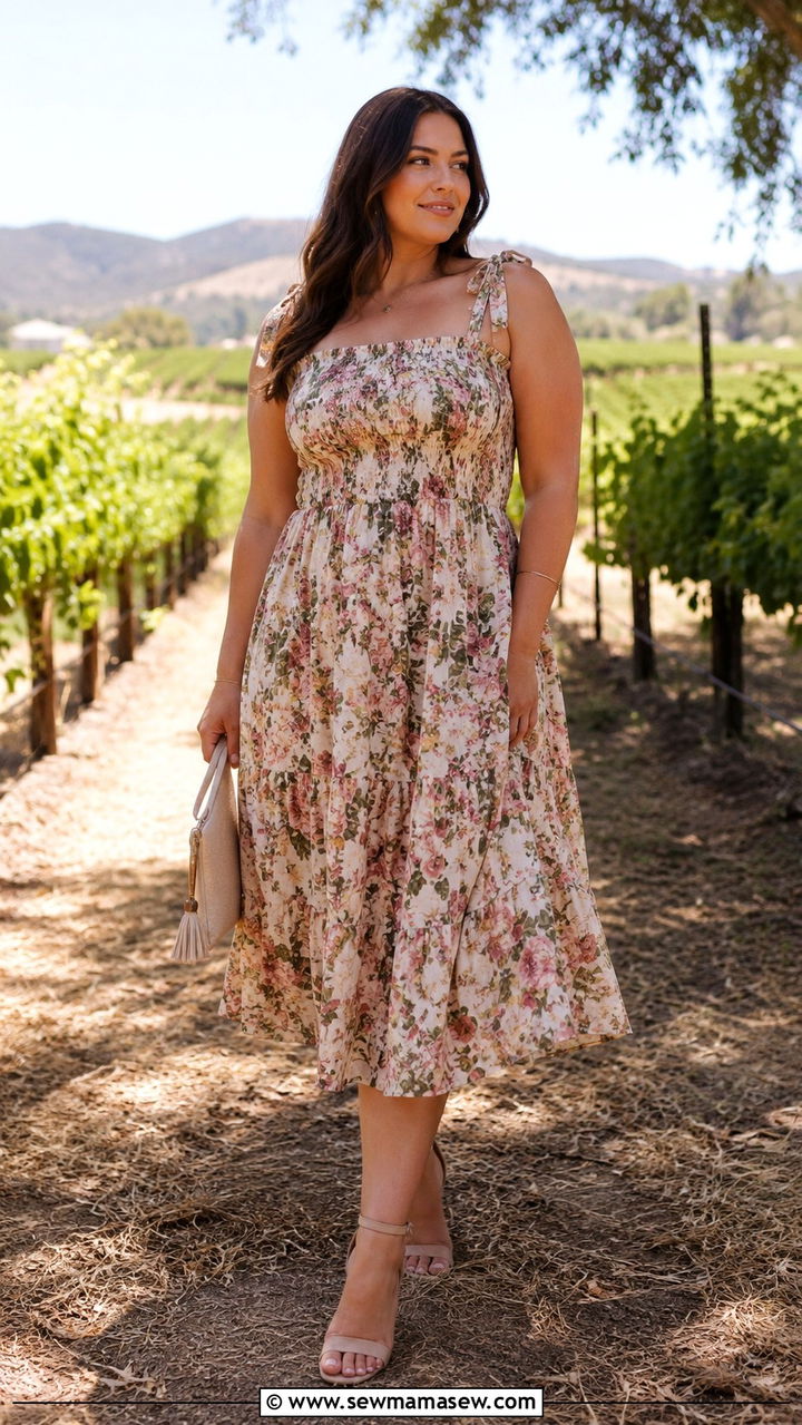 Shirred Bodice Dress With Heeled Sandals - 25 wedding guest outfits for women with big bust