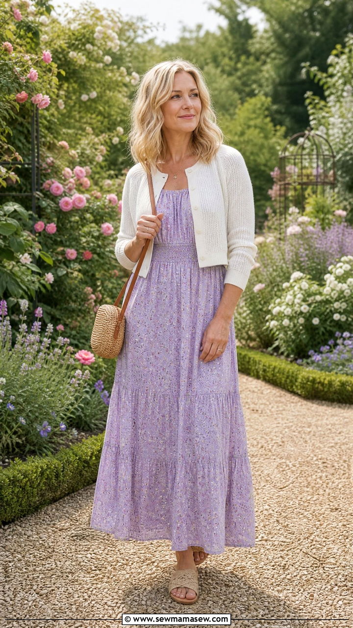 Shirred Waist Maxi Dress With Cropped Cardigan - 30 cottagecore outfit ideas for women over 40
