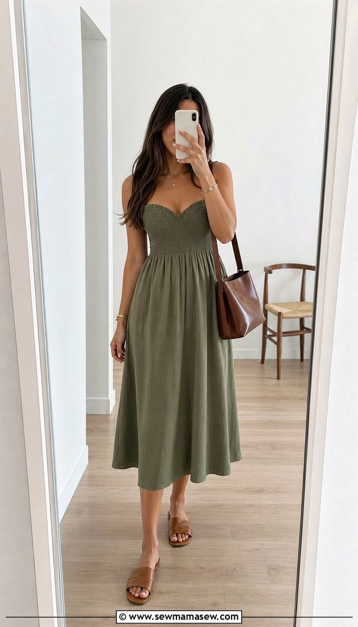 Shirred bodice midi dress spring outfit - 25 Spring outfits for big bust