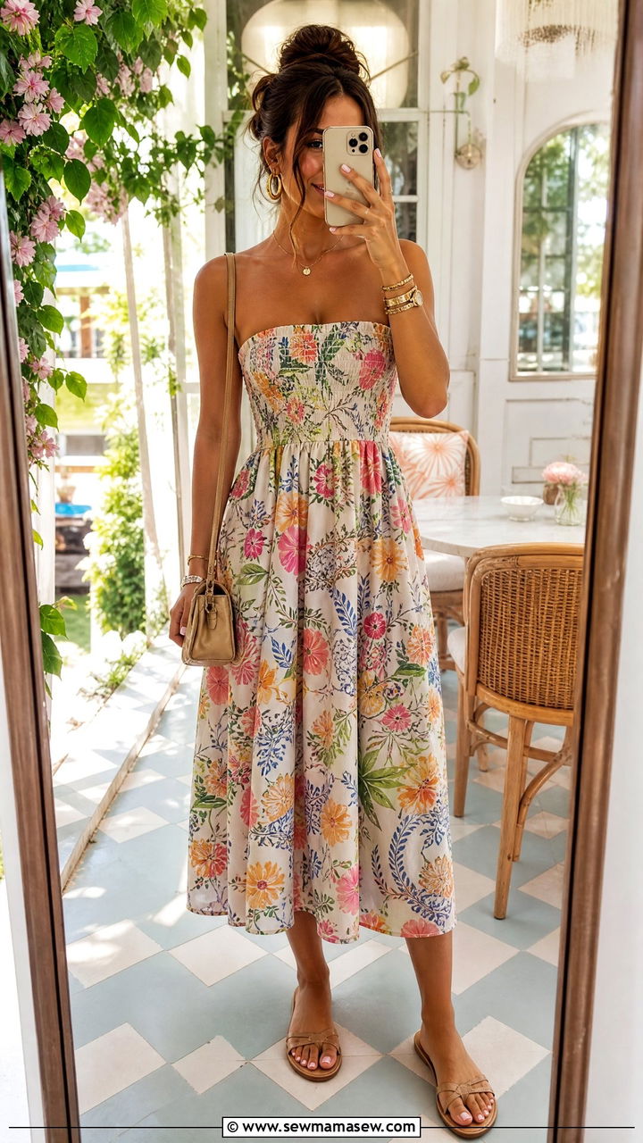 Shirred bustier dress with layered bracelets - 40 Summer outfits with dresses