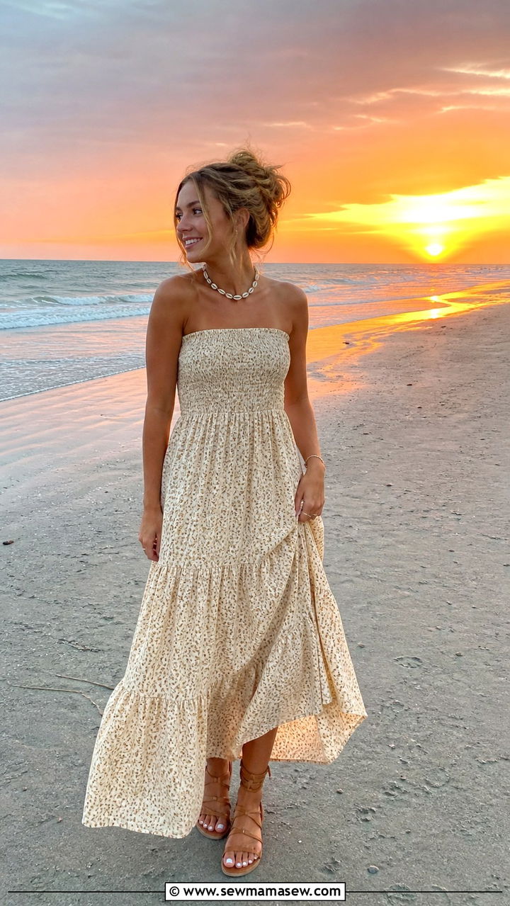 Shirred maxi dress with flat gladiator sandals and a shell necklace - 40 What to wear in Charleston
