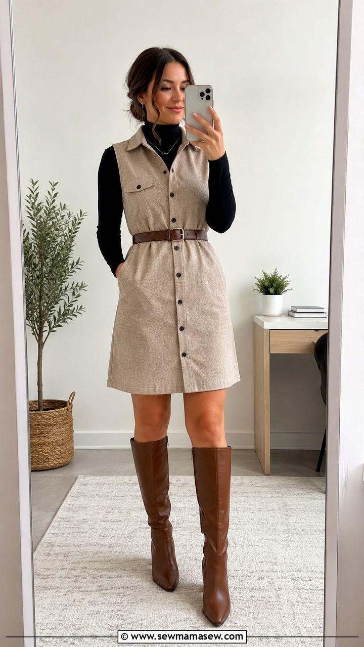 Shirt Dress Layered Over a Turtleneck - 30 Teacher outfits with dresses