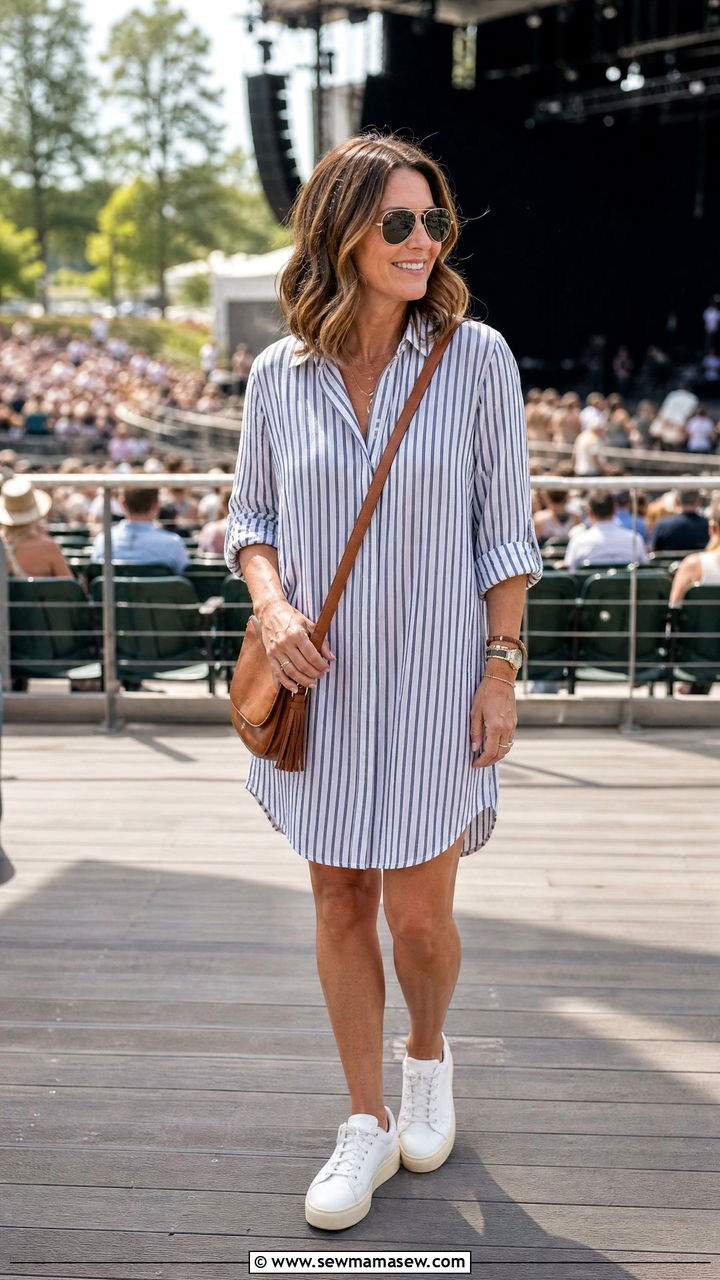 Shirt Dress Styled With Rolled Sleeves - 30 summer concert outfits for women over 40