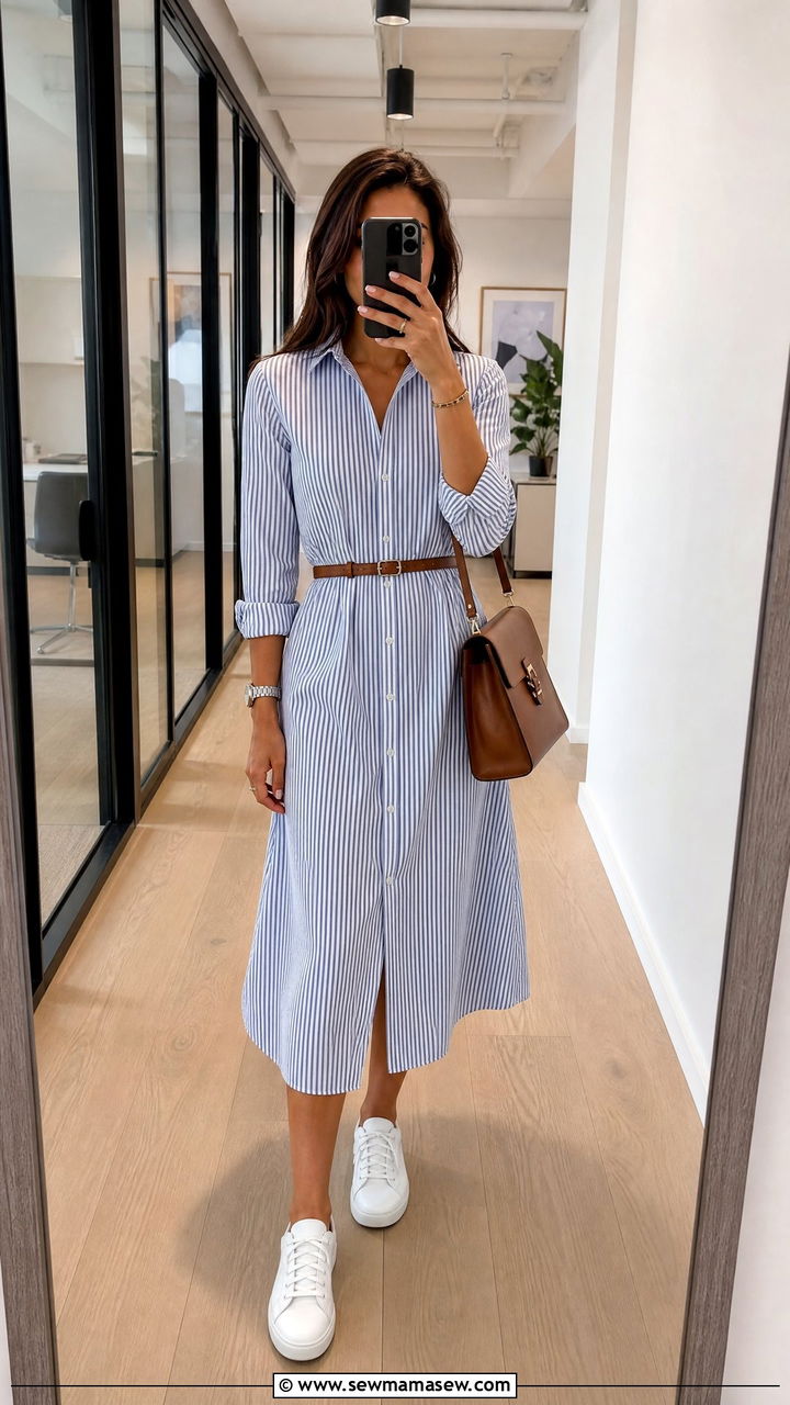 Shirt Dress Styled with White Sneakers for Work - 25 How to style white sneakers for work