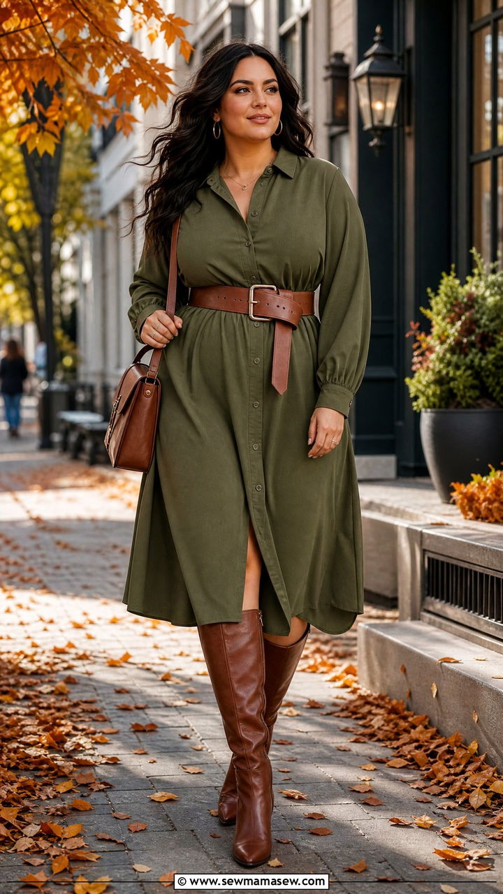 Shirt Dress With Belt And Knee High Boots - 30 classy outfits for curvy women