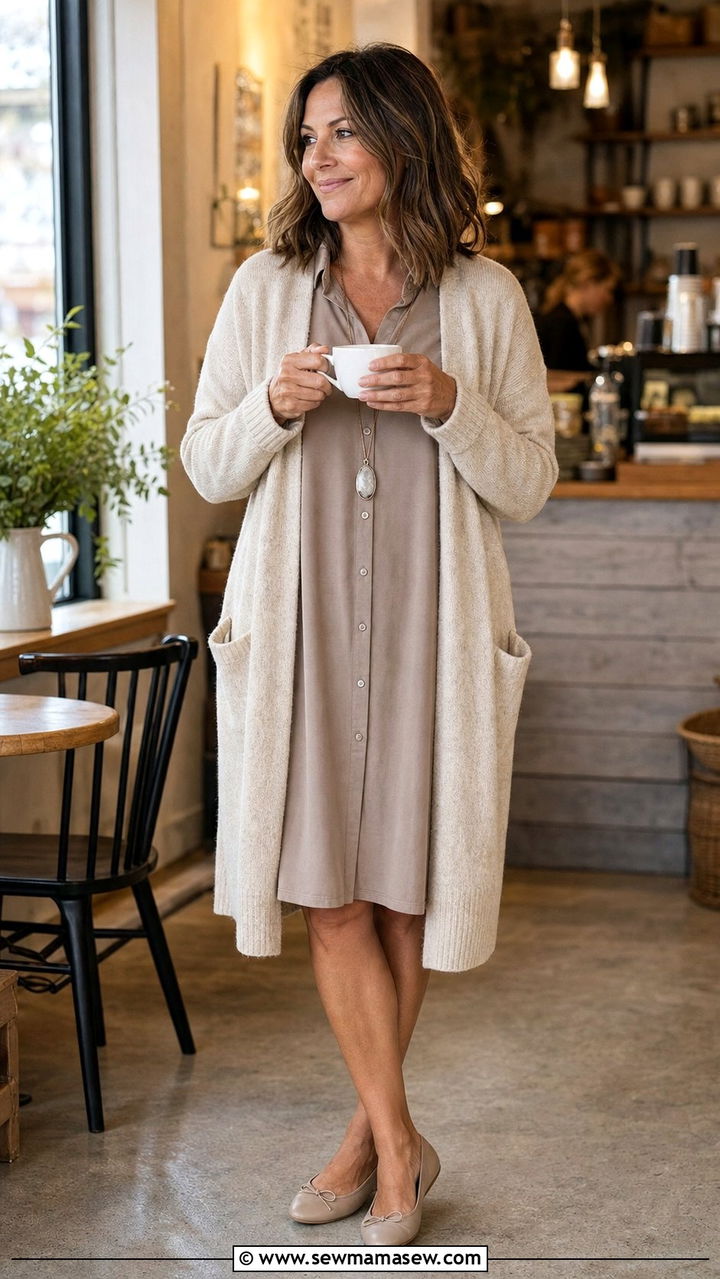 Shirt Dress With Cardigan And Ballet Flats - 25 shirt dress outfits for women over 40