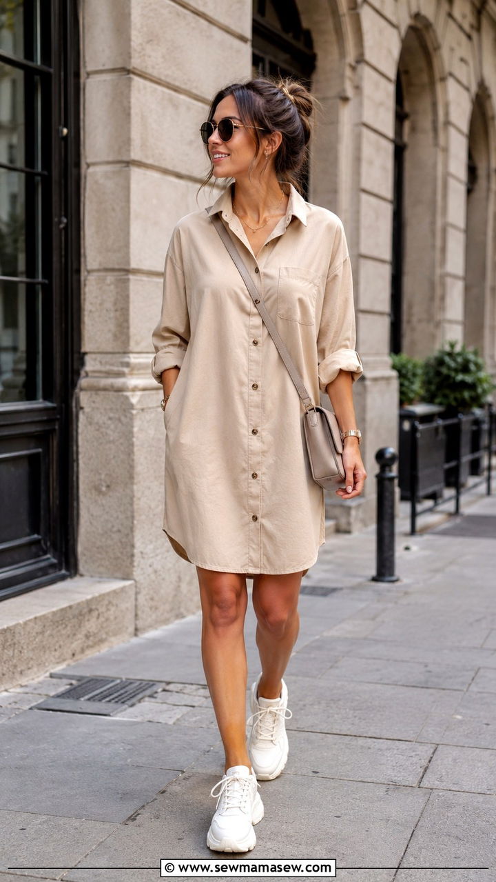 Shirt Dress With Chunky Sneakers - 30 shirt dress outfit ideas