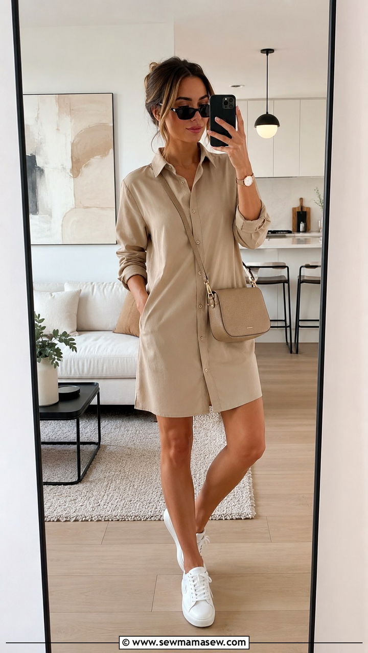 Shirt Dress With Crossbody Bag And Sneakers - 30 How to style a shirt dress