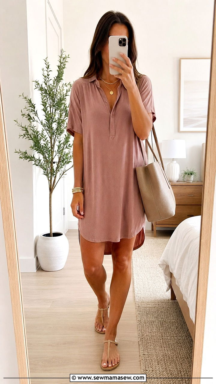 Shirt Dress With Layered Necklaces - 30 casual shirt dress outfits